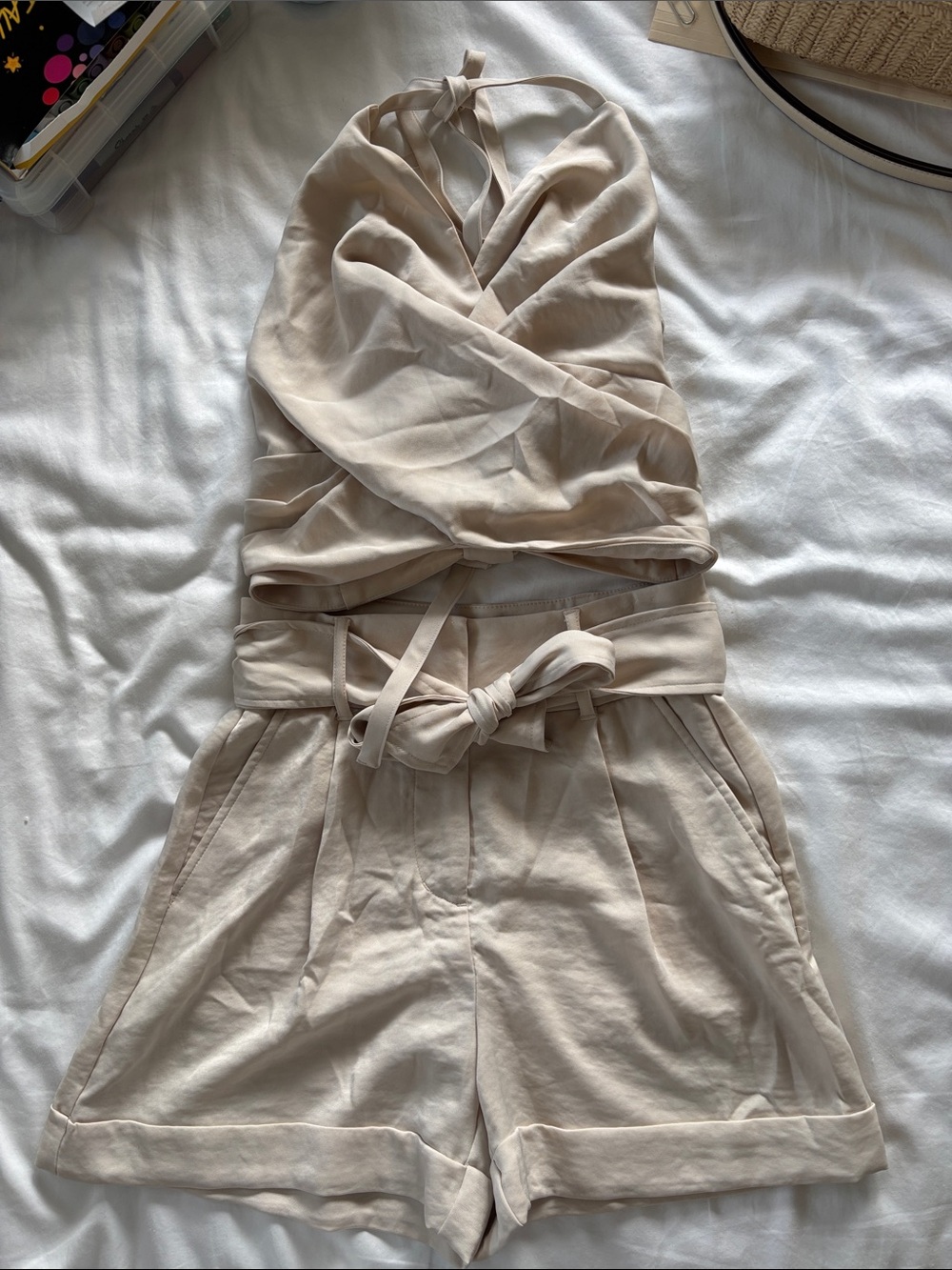 Express Neutral Halter Tie-Waist Romper in Beige